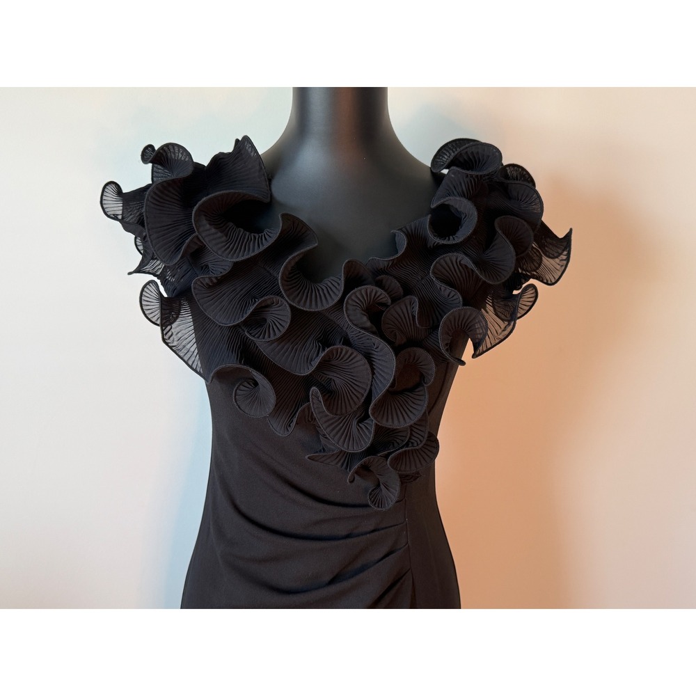 Xscape Womens 6 Black Pleated Ruffle Neck Gown Ruched Maxi Dress Formal Slit - Picture 2 of 16